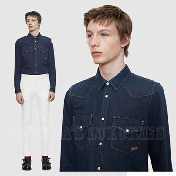 GUCCI SHIRT MENS WASHED DENIM TWO-POCKET SLIM FIT sz 44 XXS